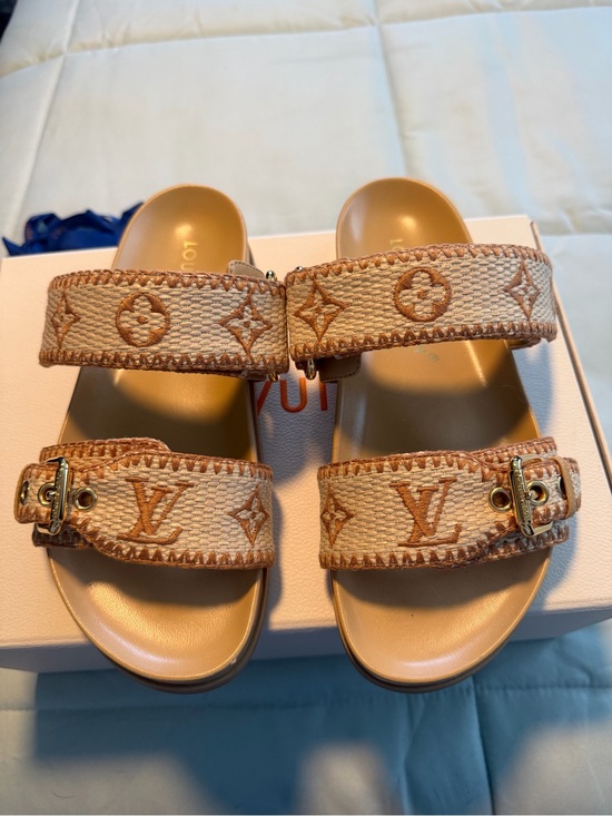 Louis Vuitton Shoes - Louis Vuitton Beige & Tan Monogram Canvas Double-Strap Slides